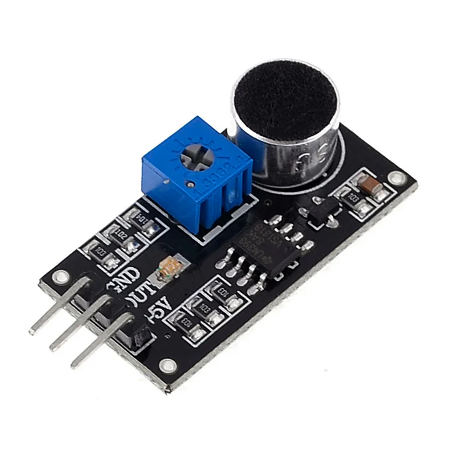 LM393 3-pin sound detection sensor module with electret microphone and threshold potentiometer