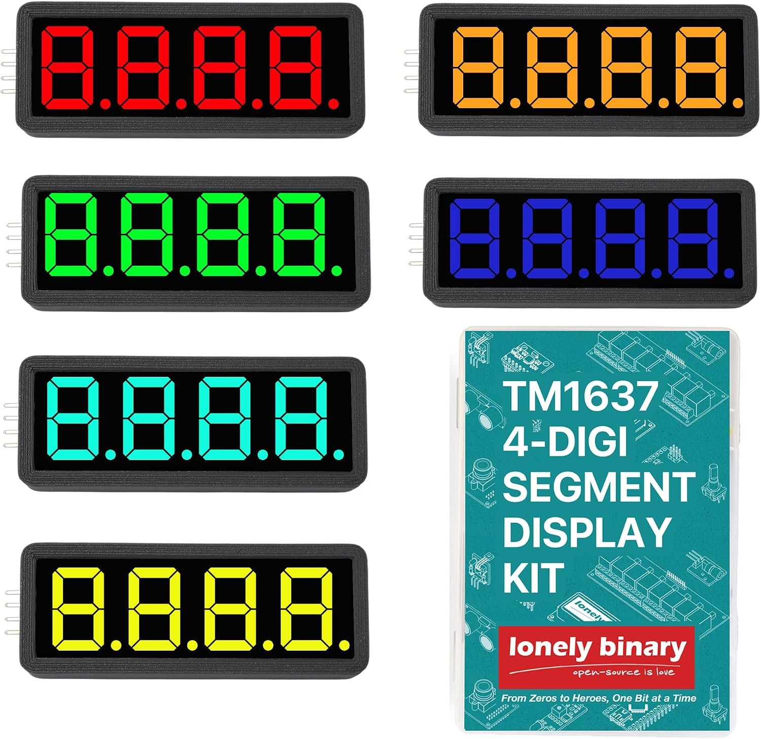Lonely Binary 6-pack TM1637 0.56 inch 4-digit 7-segment LED displays in six colors with enclosures