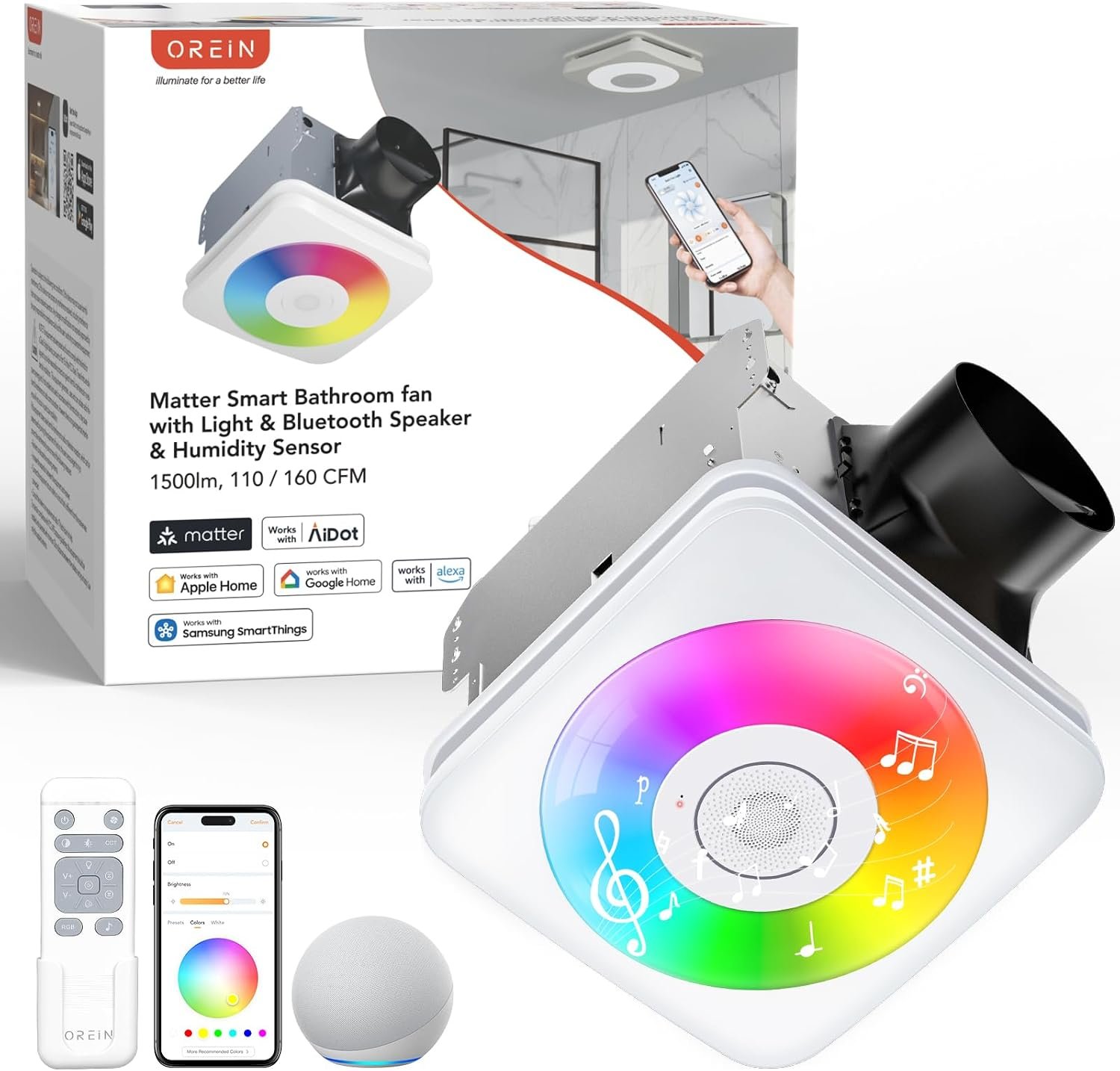 OREiN 4-in-1 Matter bathroom exhaust fan with light, Bluetooth speaker and humidity sensor