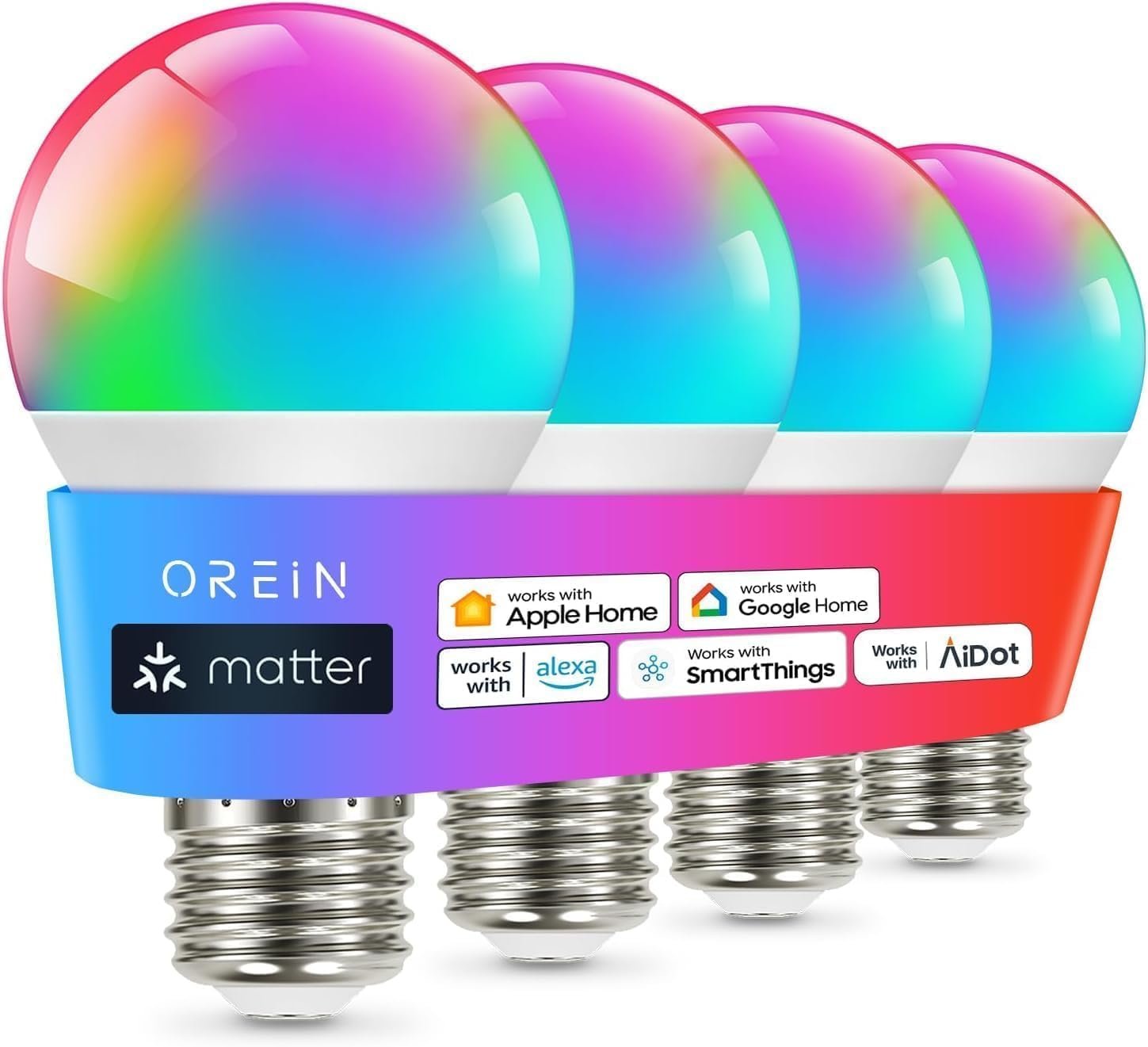 OREiN Matter A19 RGBTW CRI 90 color changing smart bulbs 4-pack