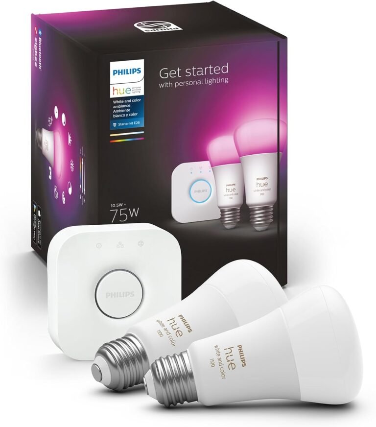 Philips Hue White and Color Ambiance A19 starter kit with Hue Bridge, Matter compatible smart bulbs