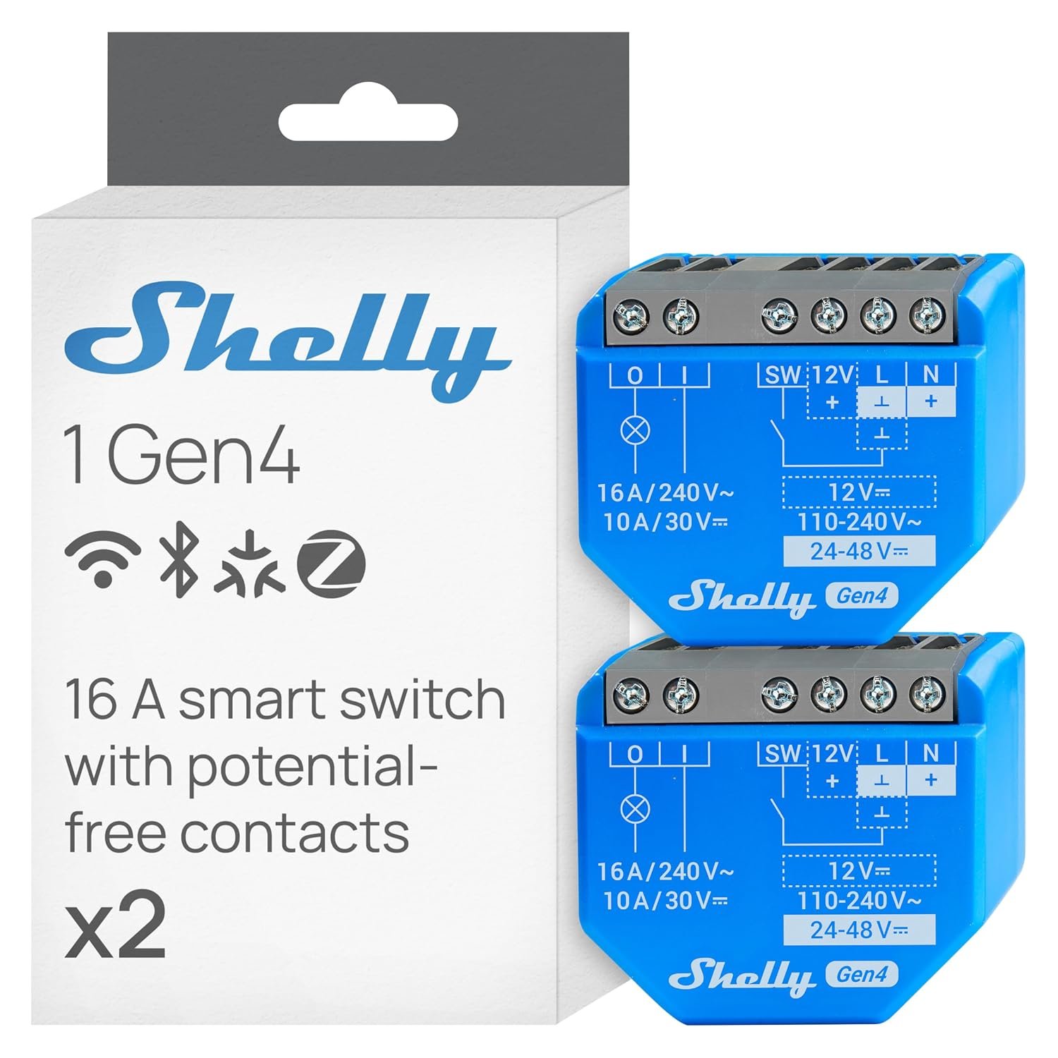 Shelly 1 Gen4 Matter Wi-Fi relay 2 pack with dry contacts for two garage doors or a garage and gate