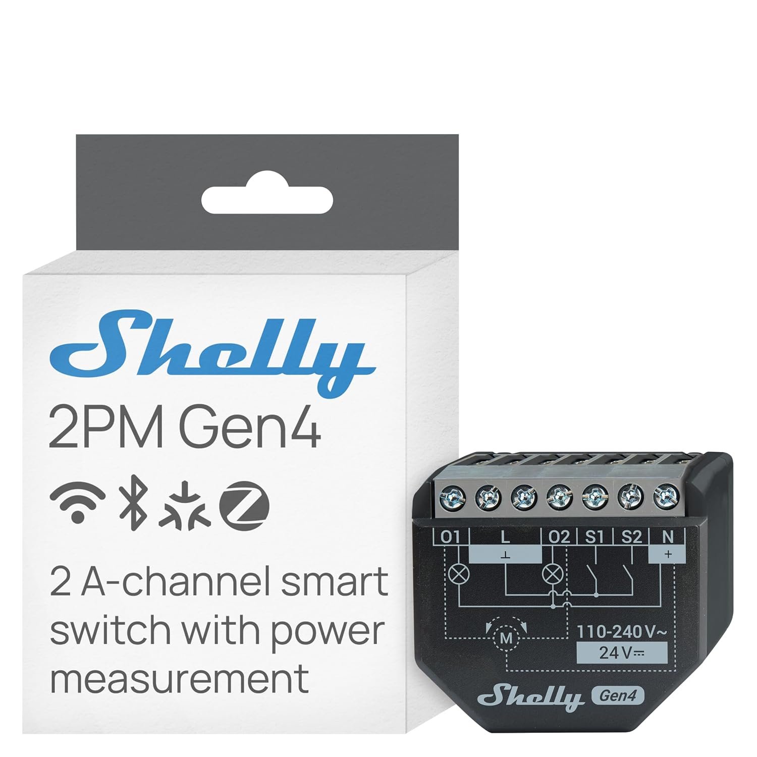 Shelly 2PM Gen4 two-channel Matter relay switch with power metering