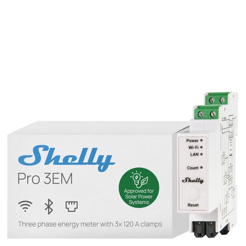 Shelly Pro 3EM 120A v2 DIN rail energy meter with Wi-Fi, LAN and Matter