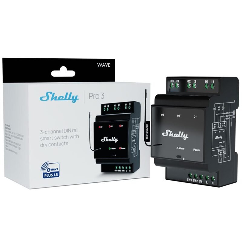 Shelly Wave Pro 3 US LR three-channel DIN rail Z-Wave relay