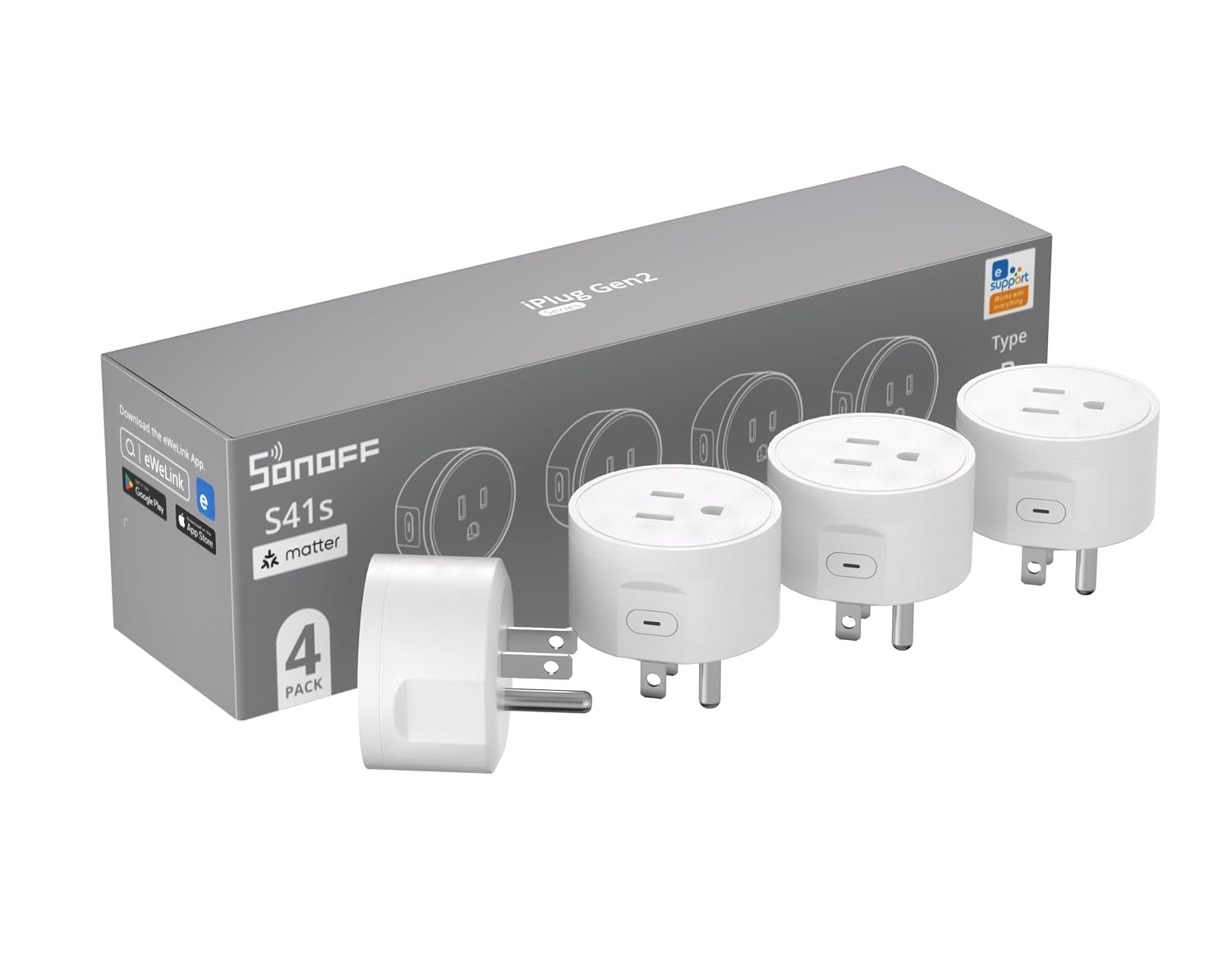 SONOFF S41s Matter Wi-Fi smart plug, 15A, 4-pack