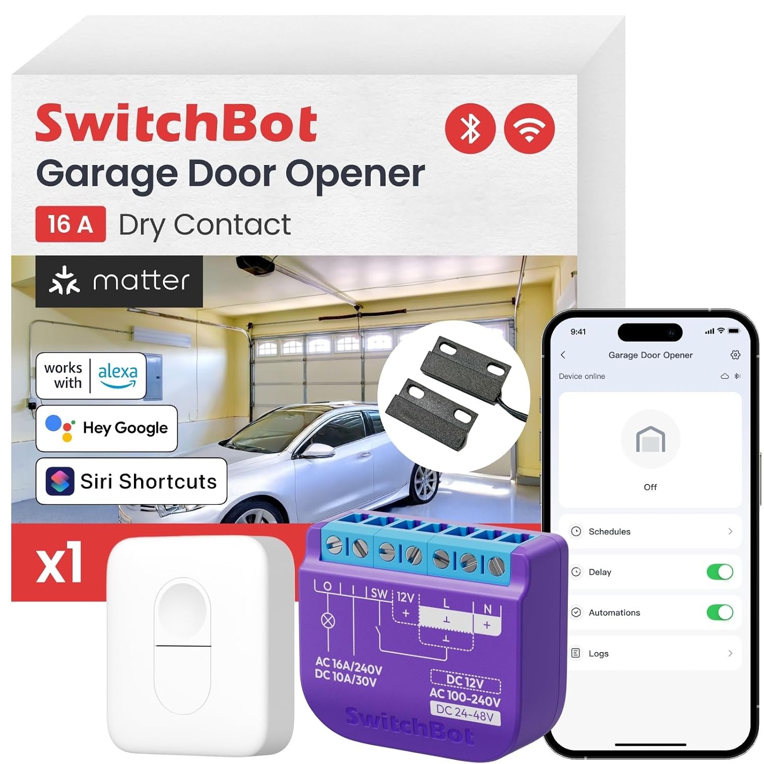 SwitchBot Matter smart garage door opener bundle with included remote