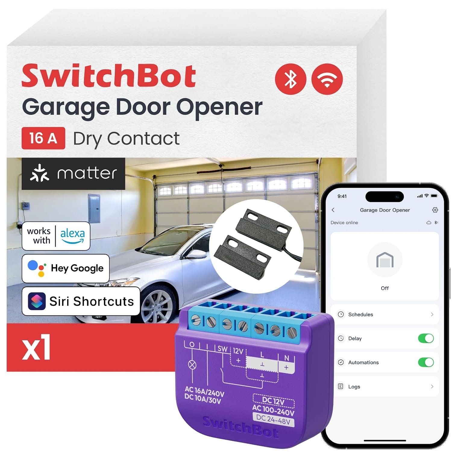 SwitchBot Matter certified Wi-Fi smart garage door opener with wired door sensor