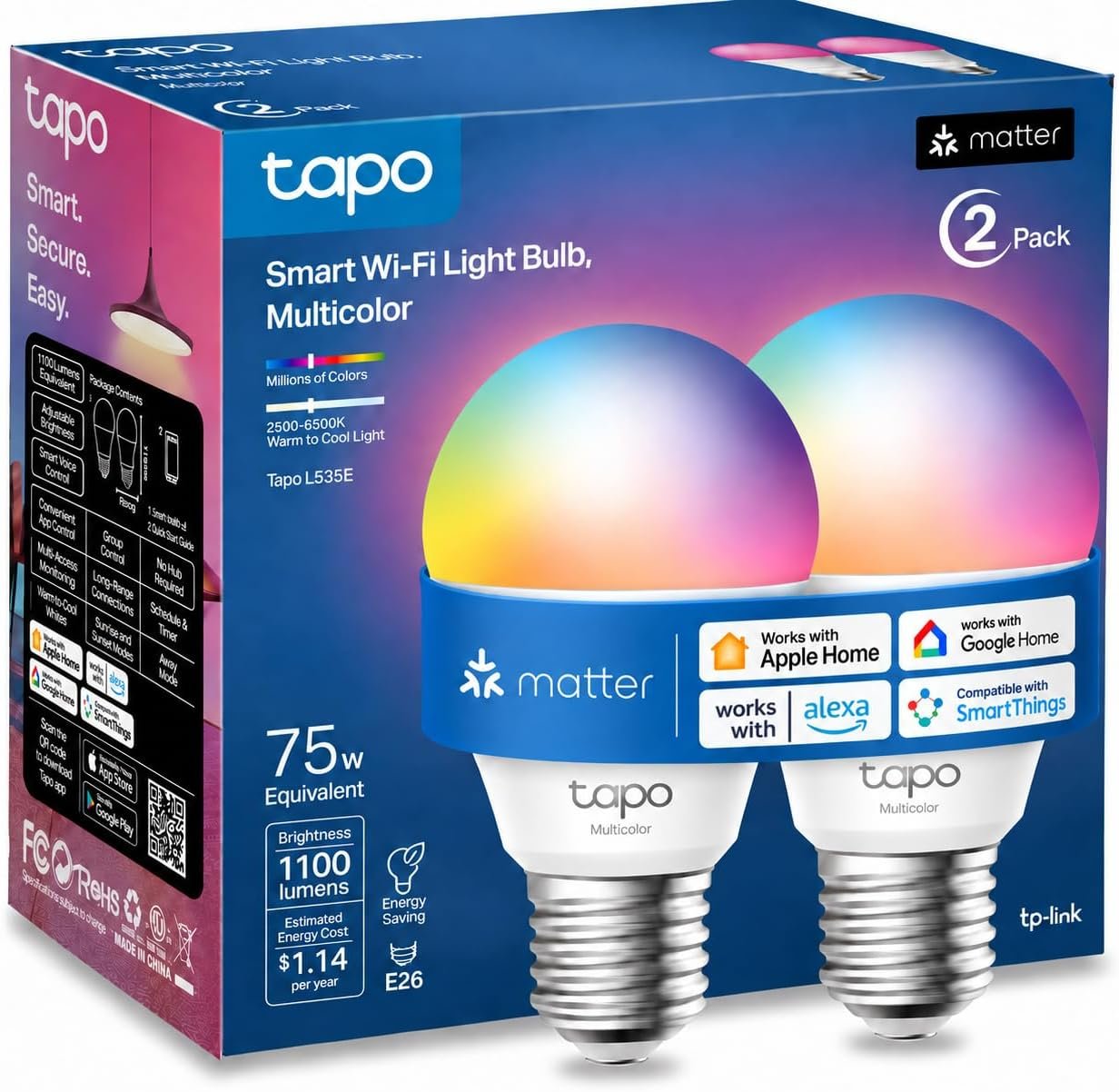 TP-Link Tapo L535E Matter multicolor dimmable smart bulb 2-pack 1100 lumens