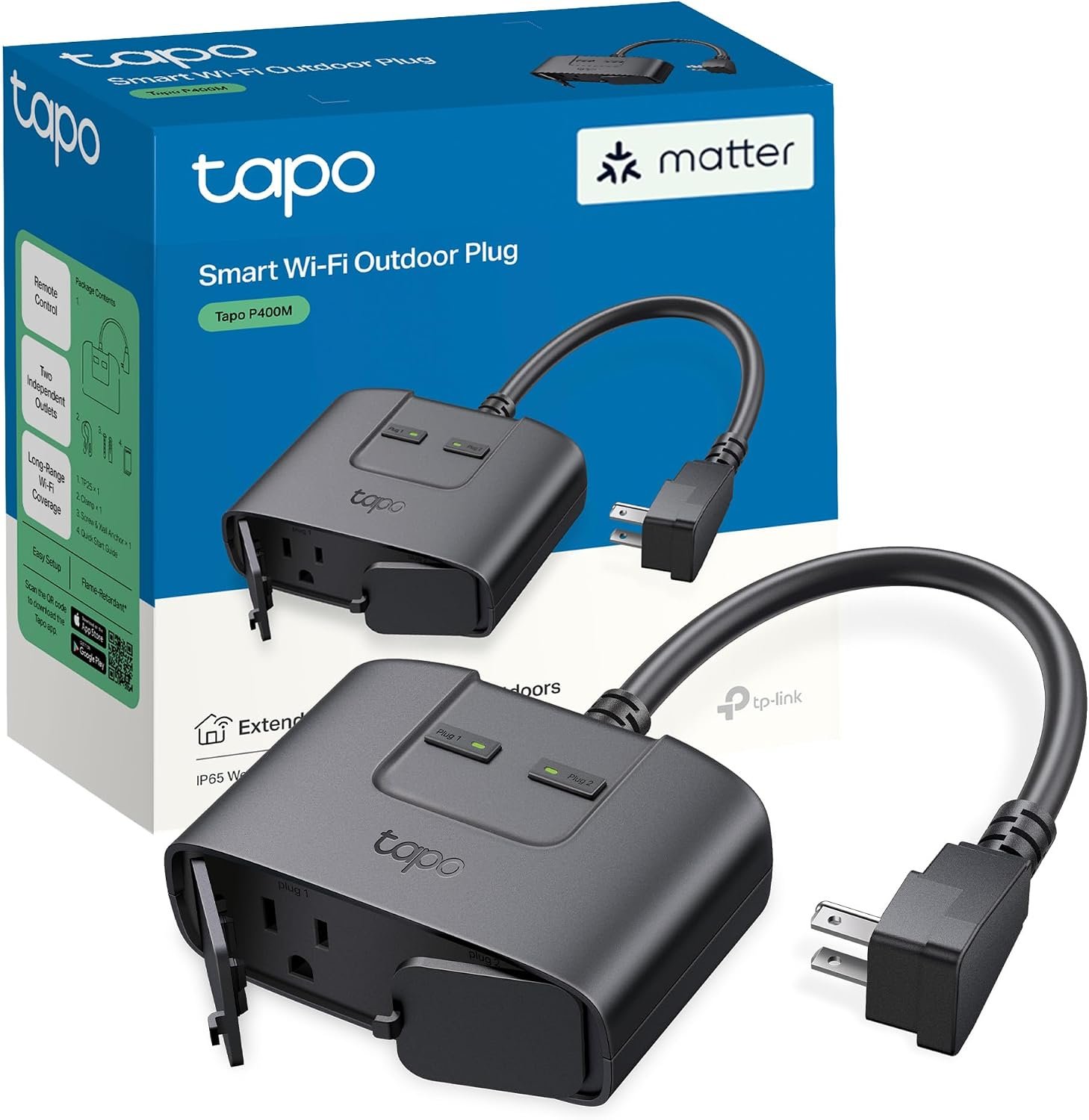 Tapo P400M Matter outdoor smart plug with two outlets, IP65