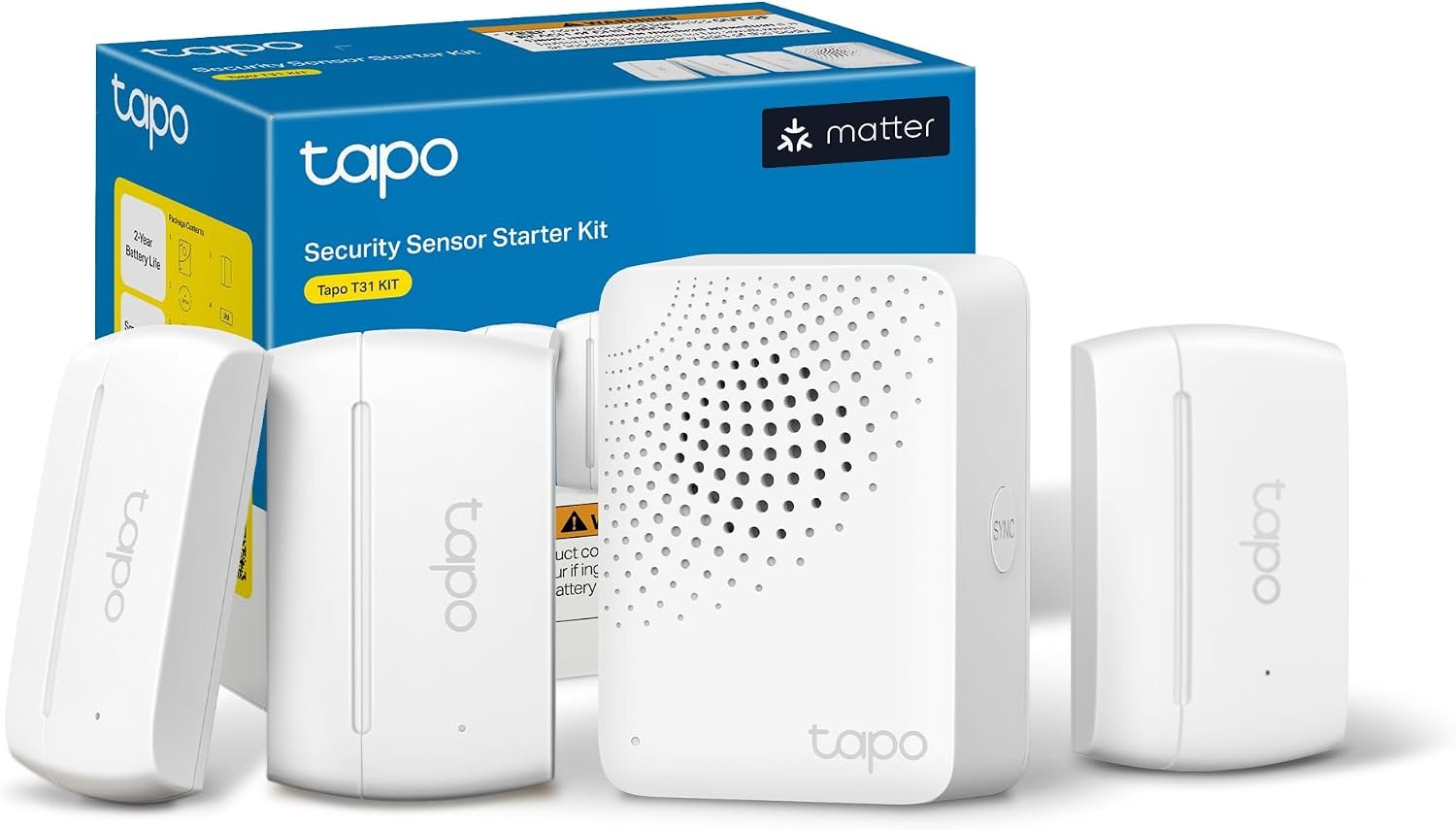 Tapo door sensor starter kit with three T110 contact sensors and H100 Matter bridge hub