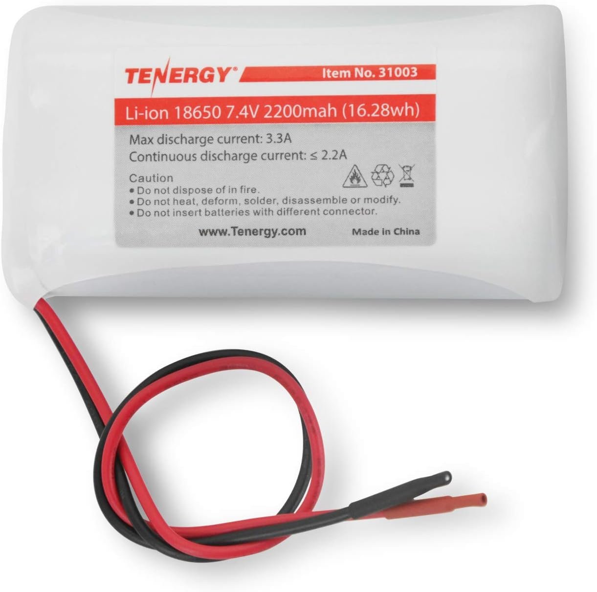 Tenergy 7.4V 2200mAh 2S 18650 lithium-ion battery pack with PCB protection and bare leads