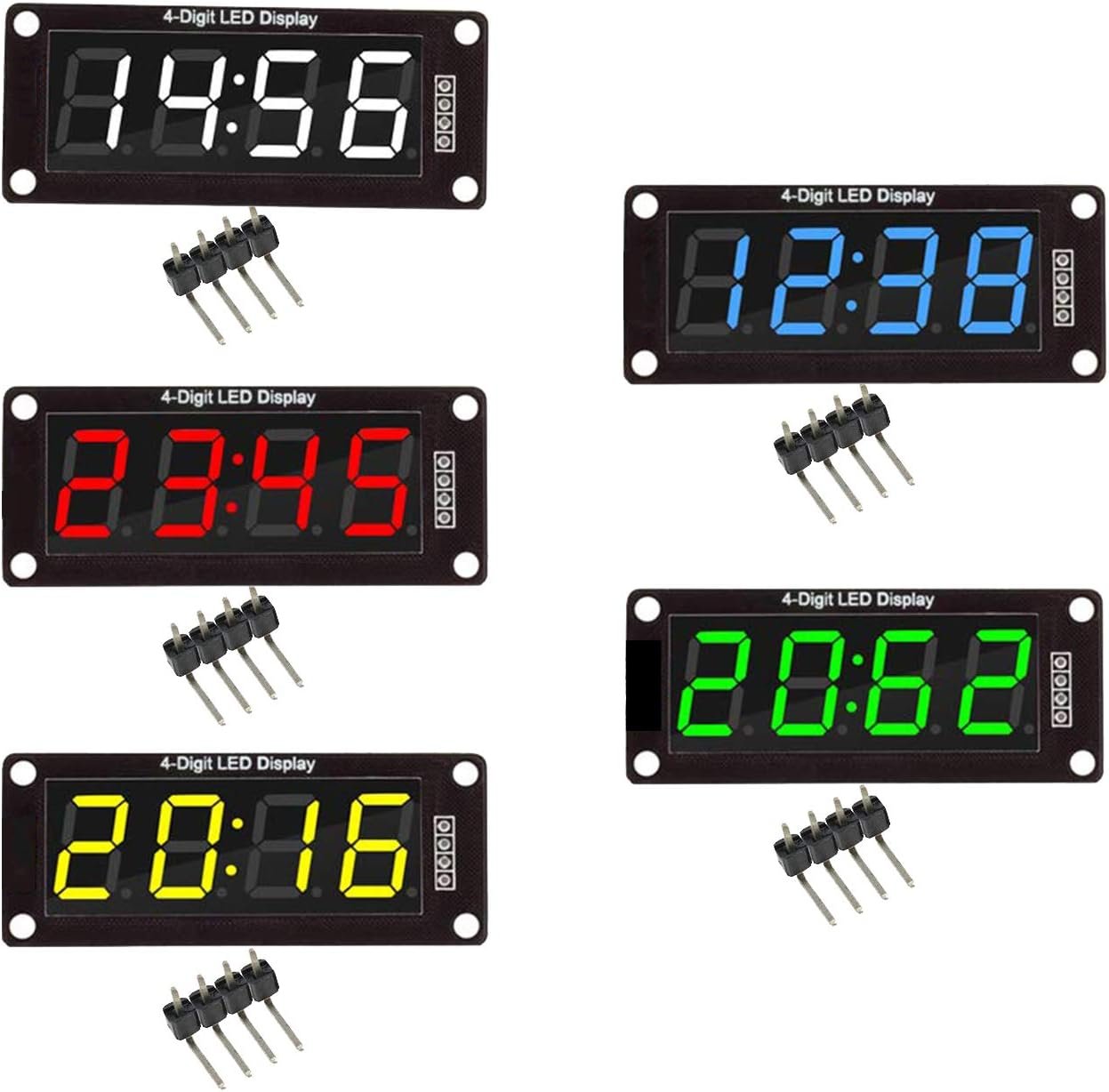 TM1637 0.56 inch 4-digit 7-segment LED display modules 5 pack in red green white yellow and blue