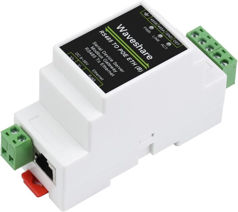 Waveshare industrial RS485 to Ethernet serial server with PoE and DIN rail mount