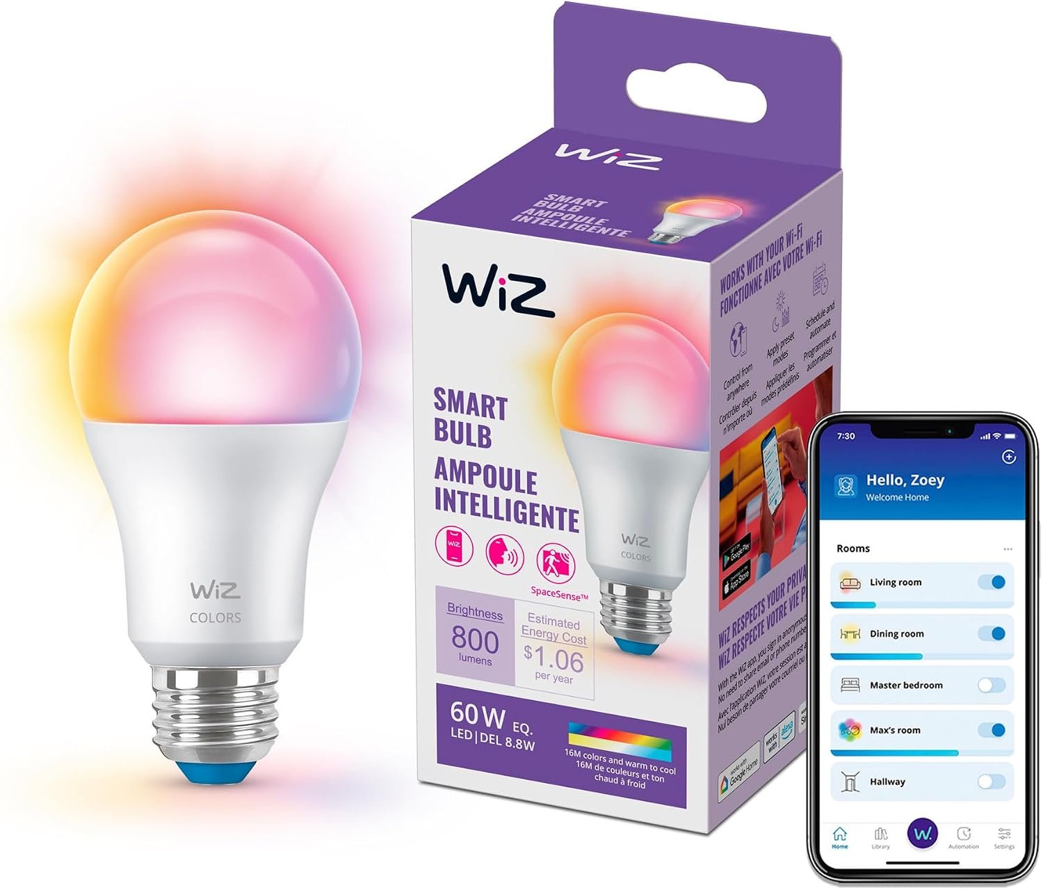 WiZ Full Color A19 800 lumen Matter compatible smart bulb, single pack