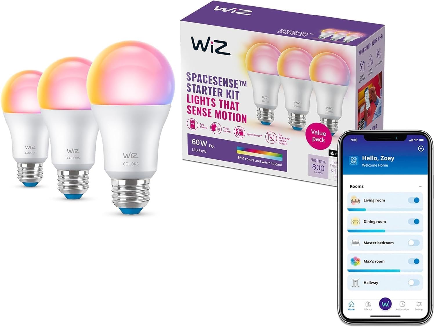 WiZ Full Color A19 Matter compatible Wi-Fi smart bulbs 3-pack