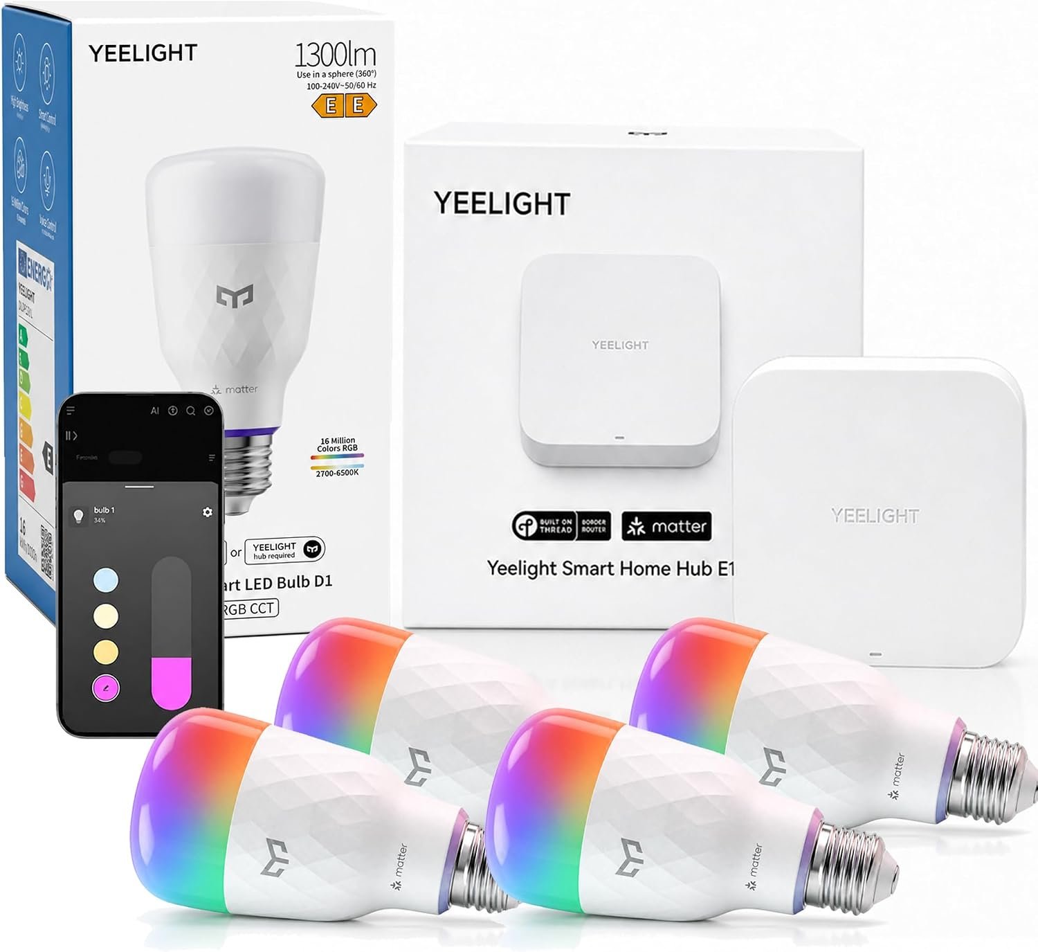 Yeelight Matter over Thread RGB smart bulbs 4-pack with Hub E1, 1300 lumens