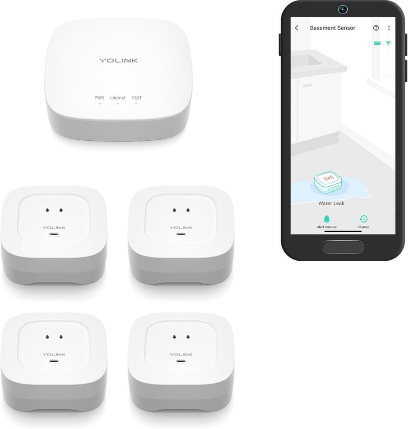 YoLink Water Leak Sensor 4 kit with 105 dB alarm, 4-pack and hub