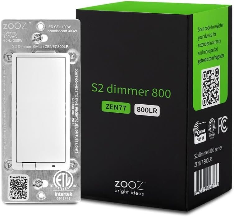 Zooz ZEN77 800LR Z-Wave Long Range S2 dimmer switch in white